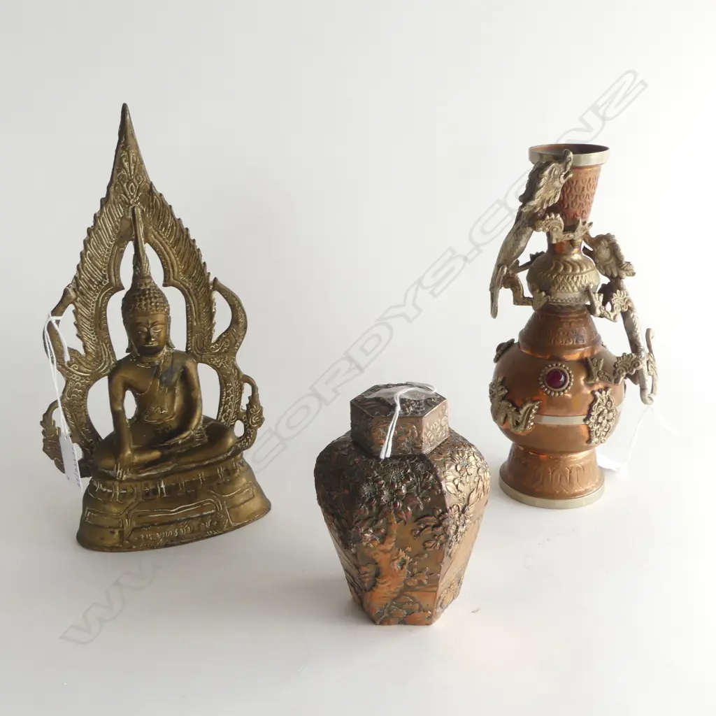 THAI BRASS BUDDHA  H260  TIBETIAN VASE H220MM & JAPANESE  METAL TEA CADDY H Image 1++