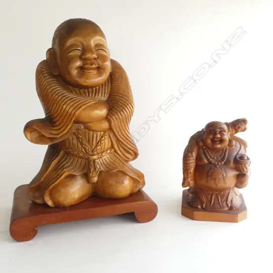 LARGE CARVED WOOD HOTEI ON STAND H480 &  A SMALLER HOTEI  WOOD NO STAND H240MM