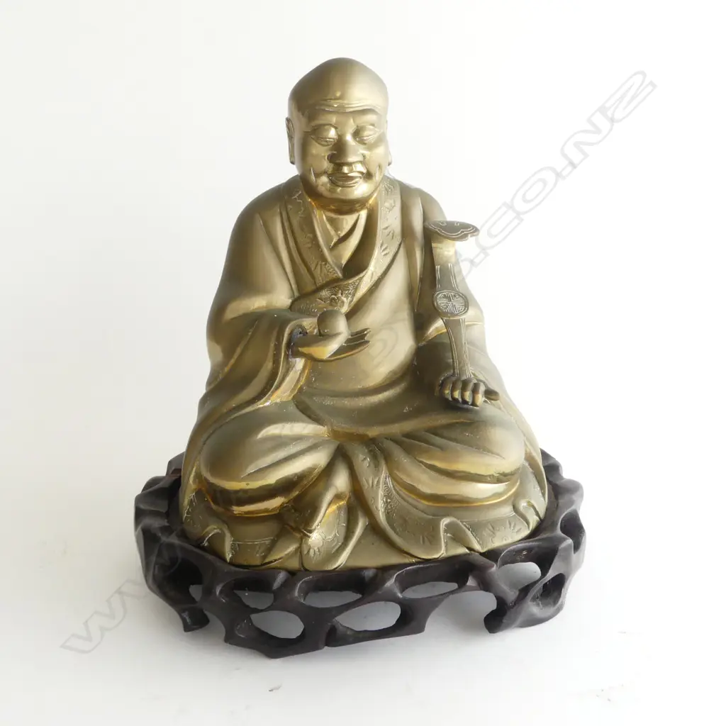 CHINESE BRASS BUDDHA ON WOOD STAND H260MM Image 1++