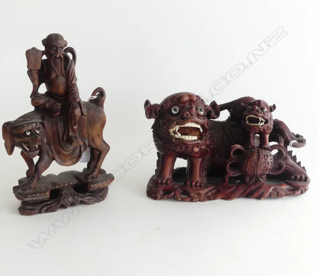 2 CHINESE WOOD CARVED ANIMAL FIGURES H140 & 180MM Image 1++