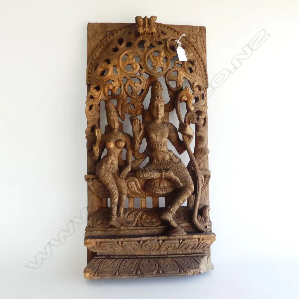 INDIAN CARVED WOOD ARCHED PANEL KRISHNA & COMPANION H.590mm Image 1++
