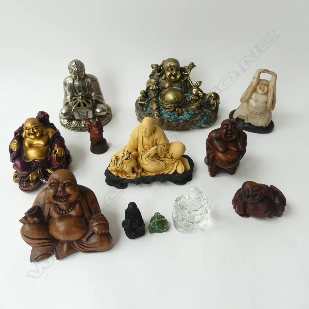 COLLECTION OF 12 BUDDHA WOOD METAL STONE ETC TALLEST100MM Image 1++