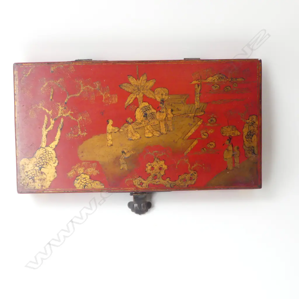 CHINESE RED LACQUER WOODEN BOX with gilded figures in island settings W.375mm Image 1++