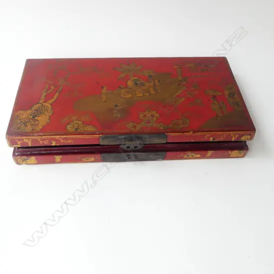 CHINESE RED LACQUER WOODEN BOX with gilded figures in island settings W.375mm