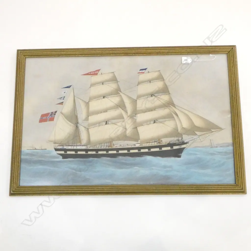 OLD LGE WATERCOLOUR OF CLIPPER SHIP UNDER FULL SAIL,'RESOURCE' TO ONE SAIL & FLYING NORWEGIAN & DUTCH TALL SHIPS FLAG,47 Image 1++