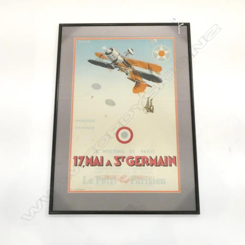 Lucien Cave original 1937 French lithograph poster for 'Le Petit Parisian', with image of a parachutist jumping from an upside down bi-plane, detailed 'AMERIQUE - FRANCE LE MEETING DE PARIS 17. MAI a St.GERMAIN'. 570 x 370mm. Framed under glass. Image 1++