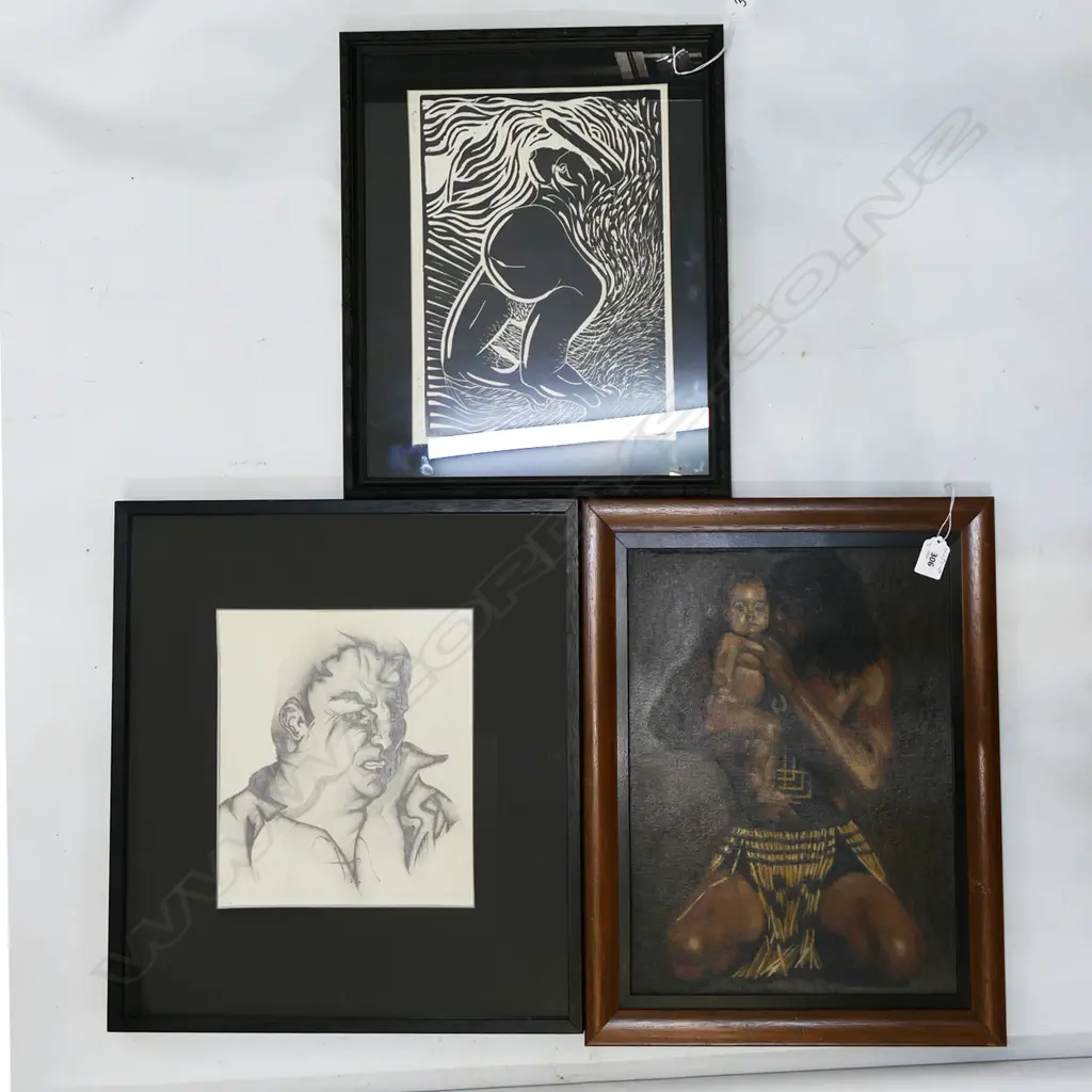 3 FRAMED WORKS; STEPHEN TE-KOTUKU KOMENE OIL ON CANVAS, NIC FINLAYSON TO KARA LINOCUT, UNKNOWN PORTRAIT, 240X320mm Image 1++
