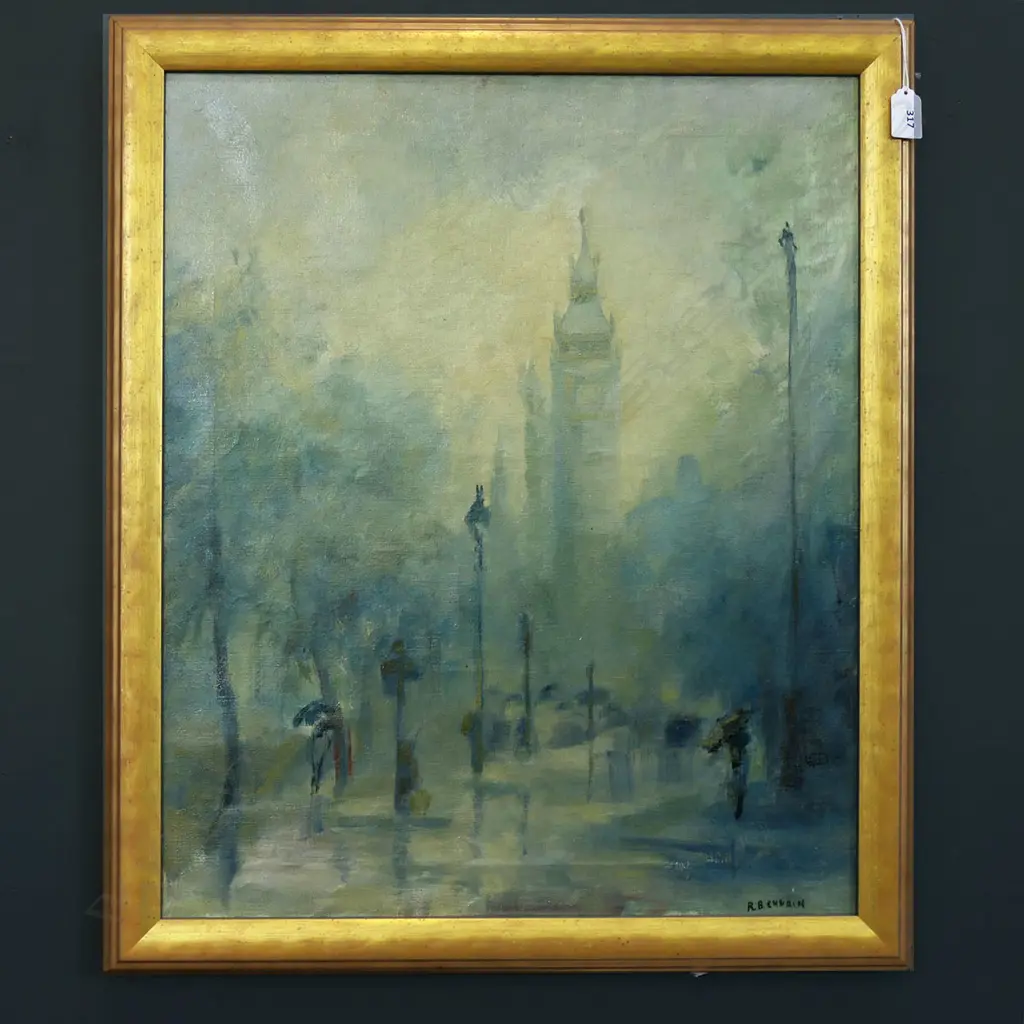 R. B. CHURCH 'WESTMINISTER - RAINY JUNE DAY' OIL ON CANVAS, 600x490mm Image 1++