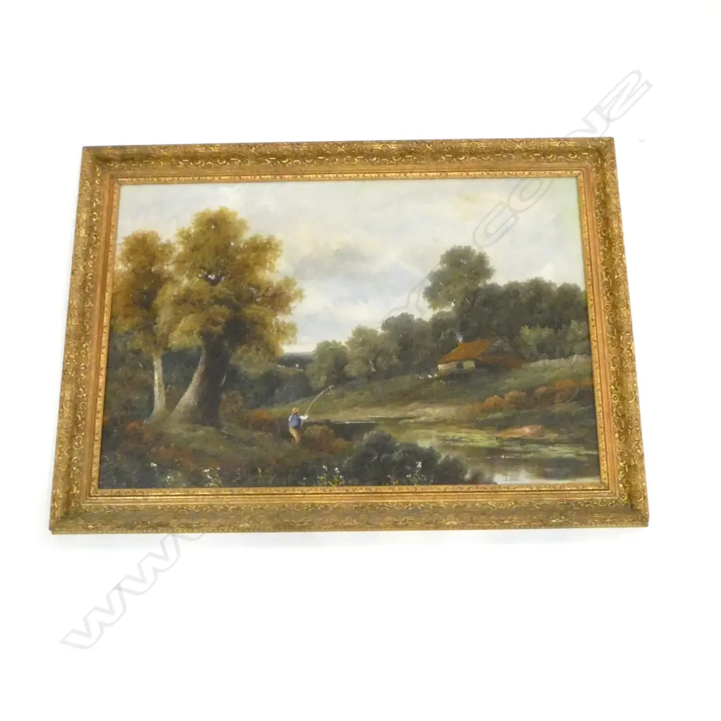 T. THORNLEY, WOODED LANDSCAPE w. FISHERMAN, OIL ON BOARD, 580x875mm Image 1++
