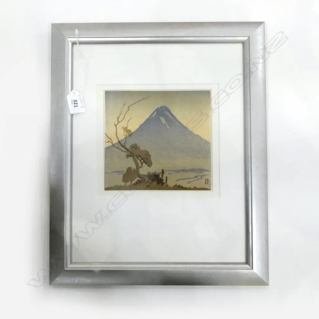HILDA WISEMAN (1892-1984), EVENING MT EGMONT, LINOCUT, 165x155mm Image 1++