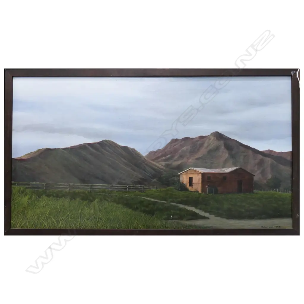 MICHAEL LOWE, LANDSCAPE w. WOOLSHED, ACRYLIC ON BOARD, 2007 430x790mm Image 1++