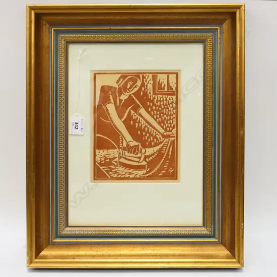 ADELE YOUNGHUSBAND (1878-1969), GIRL IRONING, LINOCUT, 195x145mm