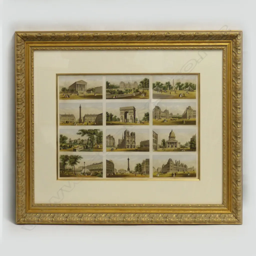 12 BAXTER STYLE PRINTS (PARISIAN BUILDINGS) IN GOLD FRAME 325x450mm Image 1++