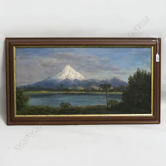 SIGNED COLONIAL LANDSCAPE OIL ON CANVAS, MT EGMONT TARANAKI 295x595mm