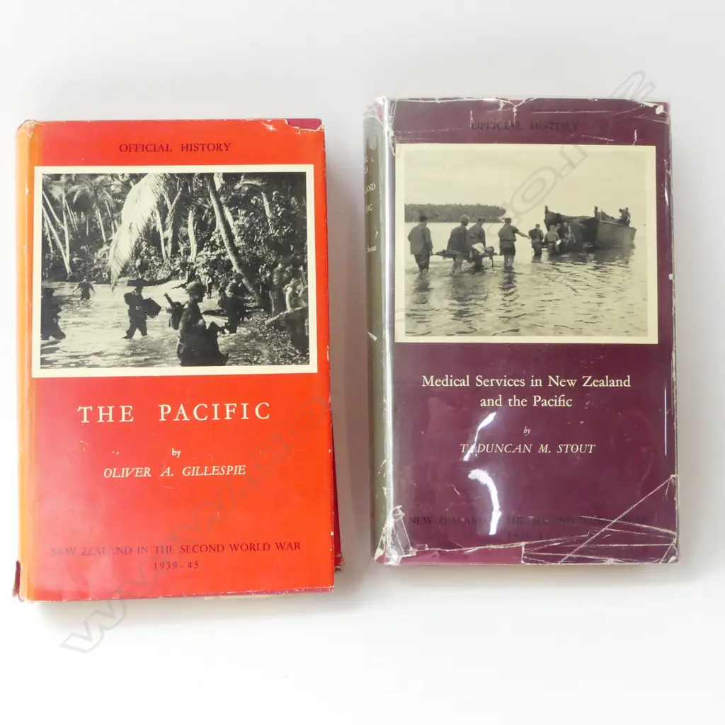 2 1st Ed. Vols. OFFICIAL HISTORY of NZ in the SECOND WORLD WAR; THE PACIFIC Gillespie 1952 & MEDICAL SERVICES Stout 1958 Image 1++