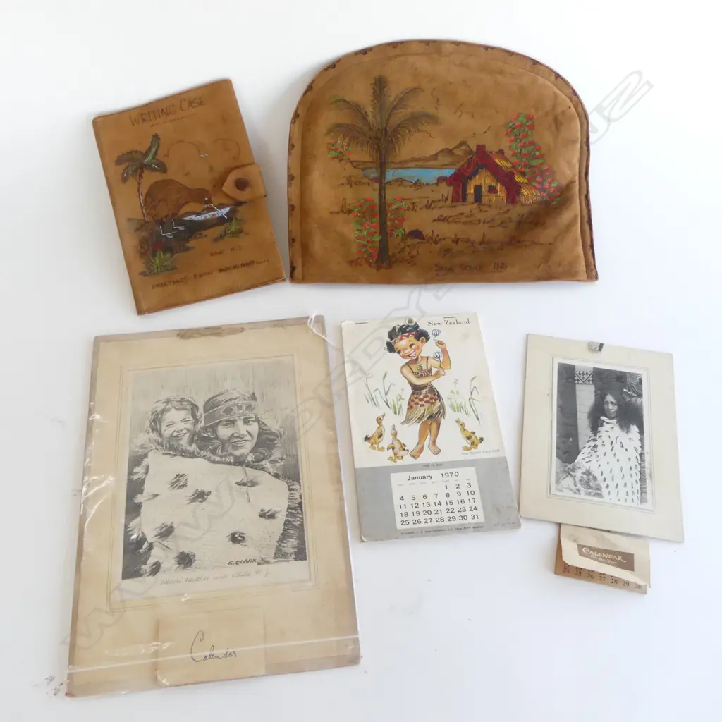 ASST EARLY NZ CALENDERS & SUEDE NZ TEA CADDY w. SUEDE WRITING CASE Image 1++