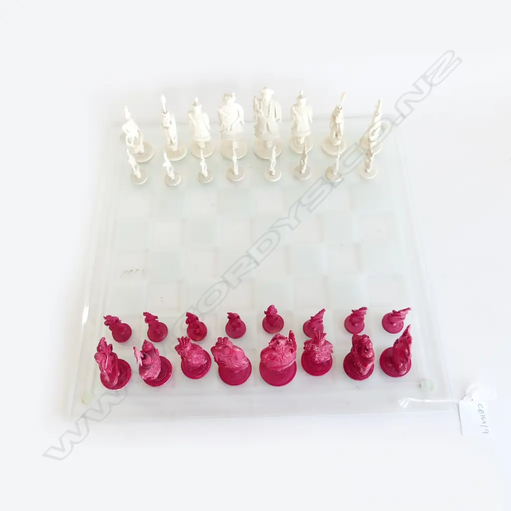 CHESS SET; NATURAL & RED DYED IVORY WITH  BOX Image 1++