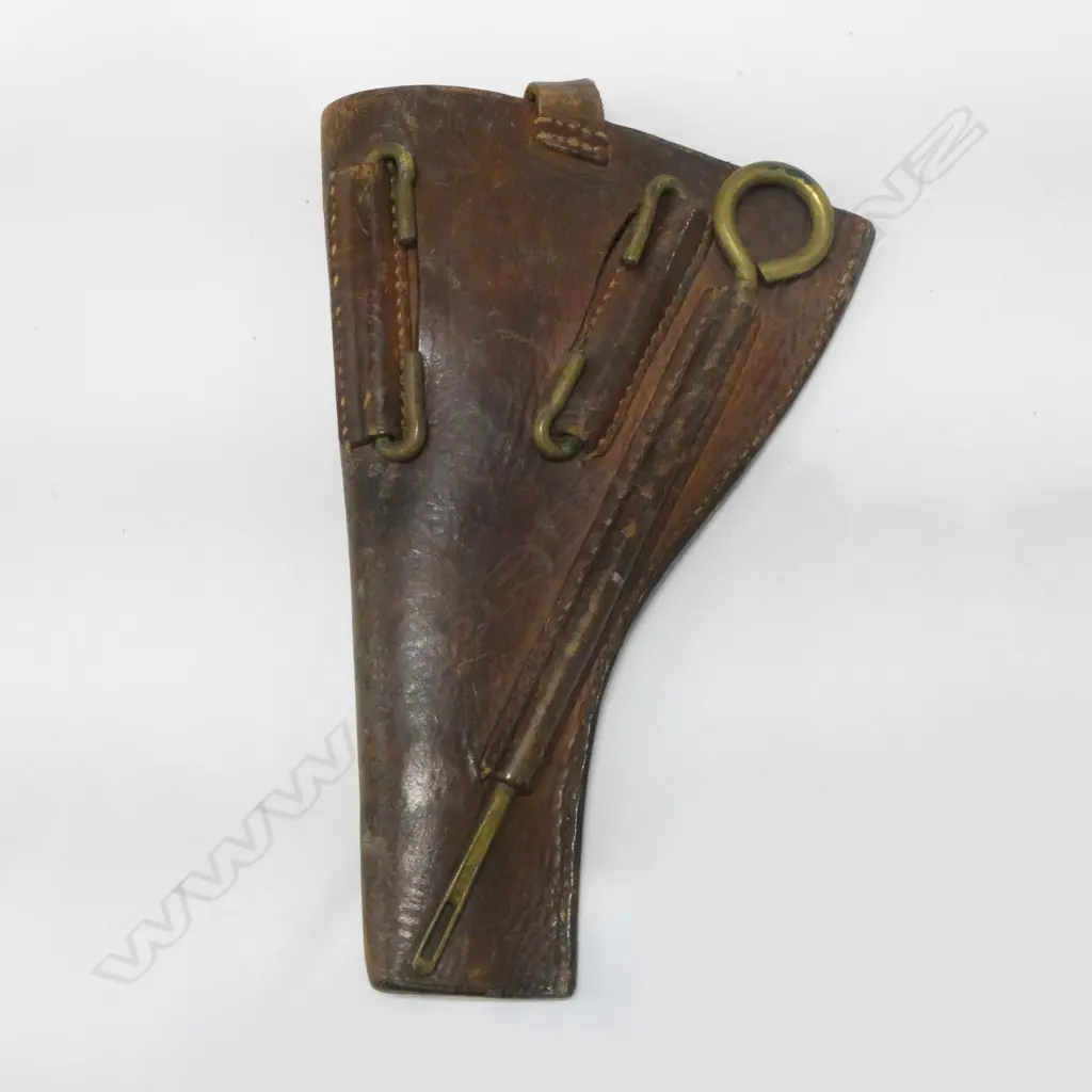 1908 PATTERN BRITISH ARMY LEATHER REVOLVER HOLSTER 1916 with brass cleaning rod & belt fittings L.250mm. Image 1++