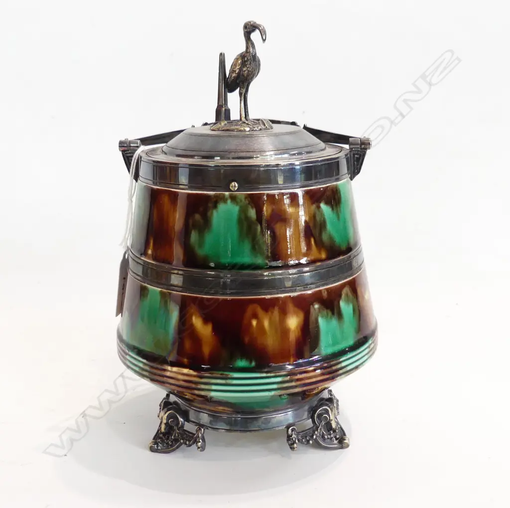 VICTORIAN MINTONS? MAJOLICA AND SILVER PLATE BISCUIT BARREL (FAULT) Image 1++