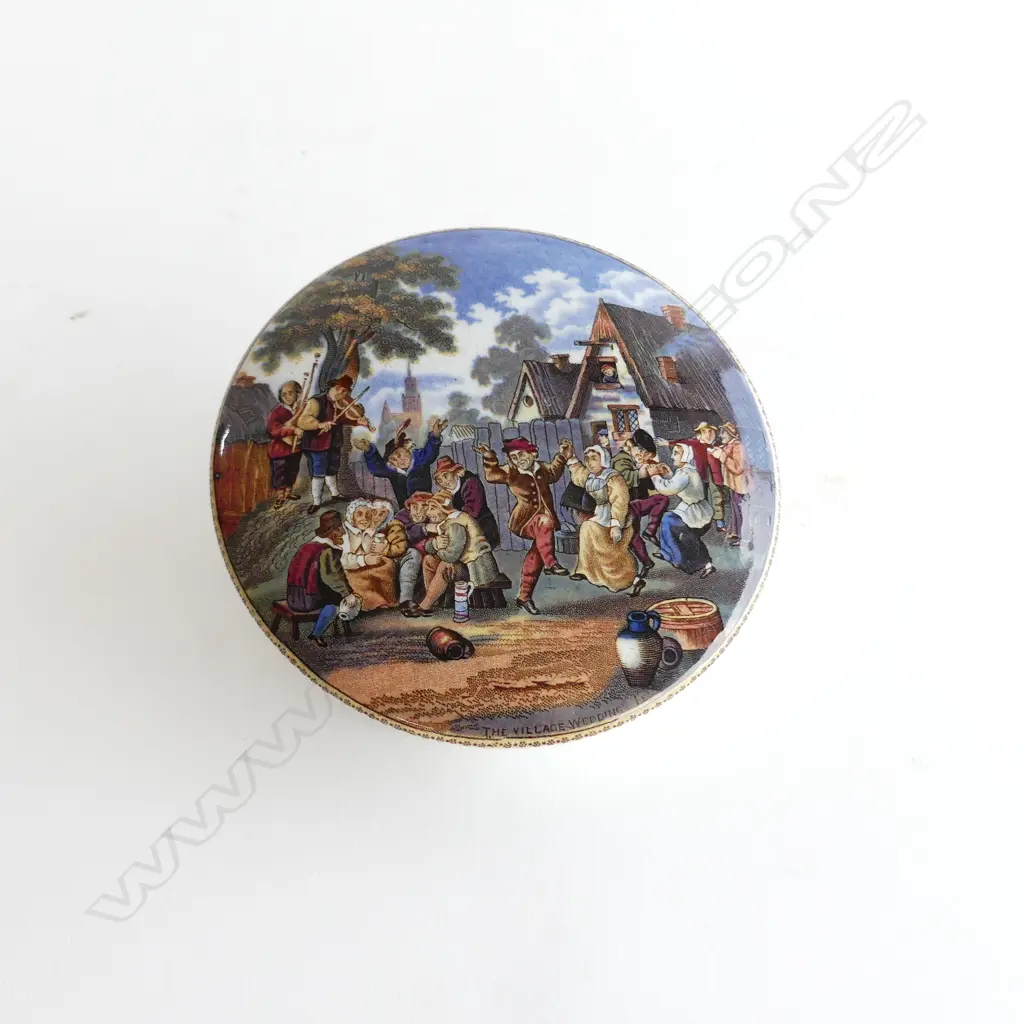 VICTORIAN IRONSTONE PRATTWARE PASTE POT LID 'THE VILLAGE WEDDING' Image 1++
