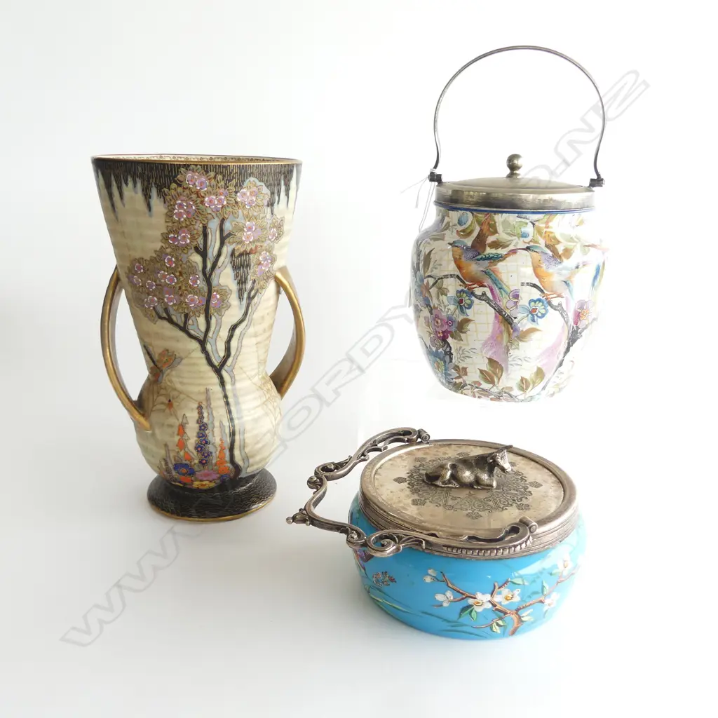 CROWN DEVON DECO VASE H225MM EDWARDIAN BISCUIT BARREL H170MM & EDWARDIAN LIDDED BLUE GLASS BUTTER DISH DIA120MM Image 1++