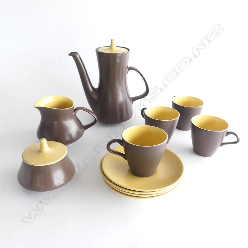 POOLE YELLOW & BROWN COFFEE SET, 11 PCS; 4 C/S, S/M & COFFEE POT Image 1++