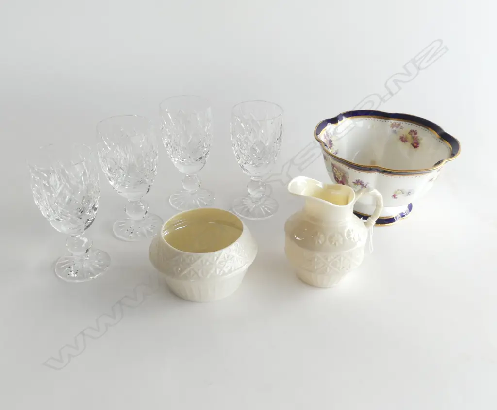 4 WATERFORD GLASSES H.110mm, BELLEEK JUG & BOWL, SUGAR BOWL 140mm dia Image 1++