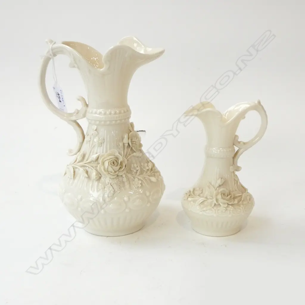 GRADUATED PR BELLEEK JUGS; Decorated w. roses in high relief, H.230mm Image 1++