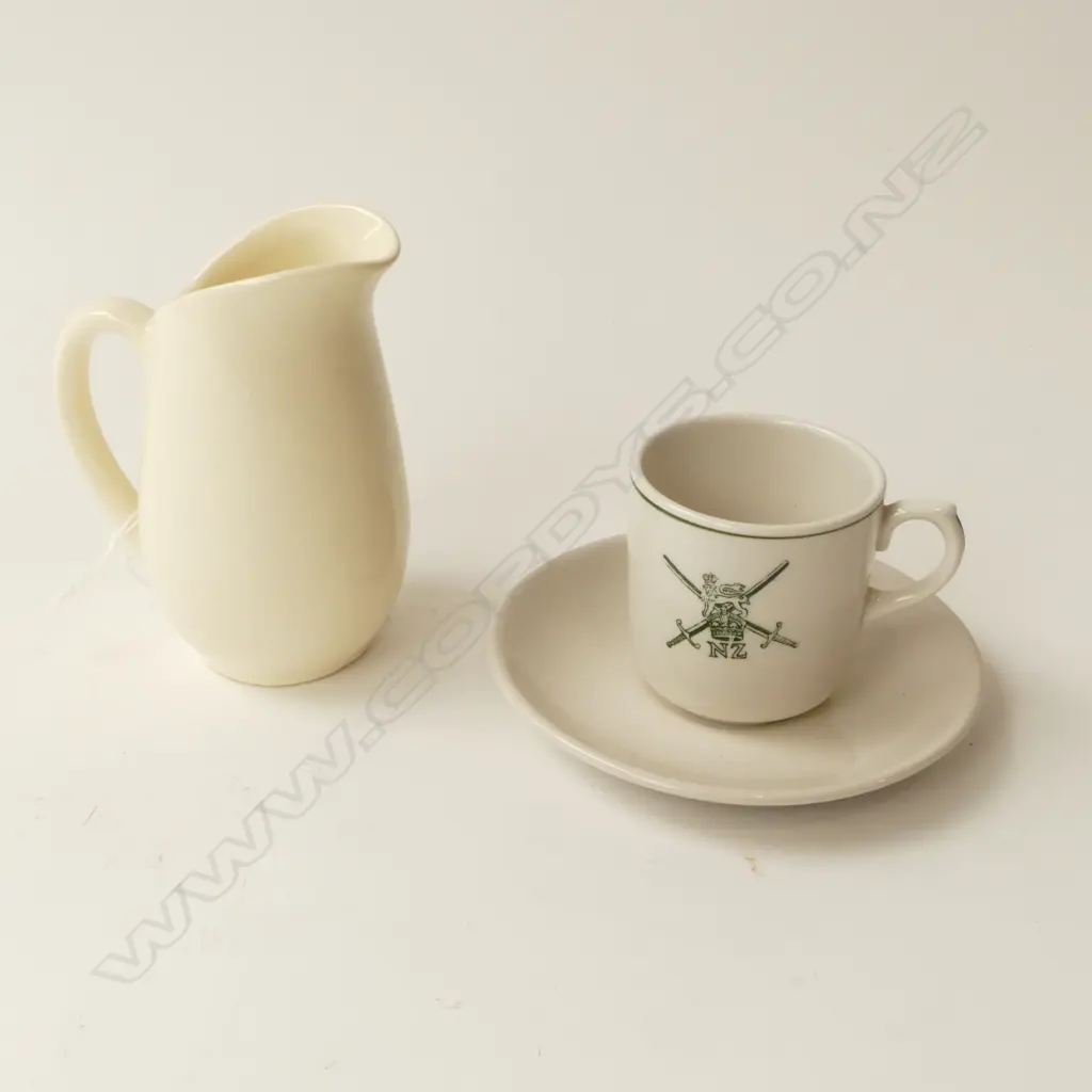 CROWN LYNN NZ ARMY ESPRESSO CUP & SAUCER w. CROWN LYNN 828 PITCHER 110mm Image 1++