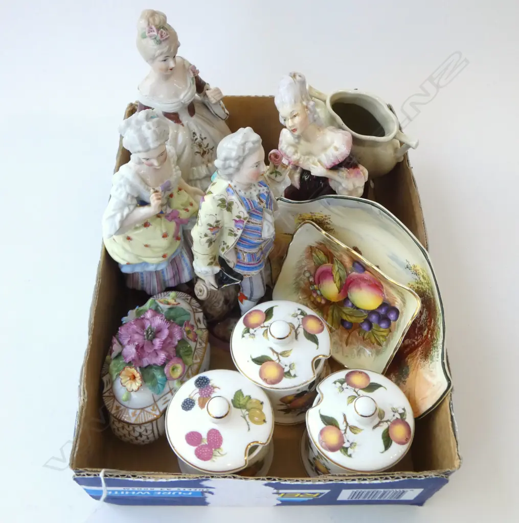 12 ASSORT ITEMS INCLUDING 5 CHINA FIGURES, RD 'RUSTIC' ENGLAND DISH, etc Image 1++