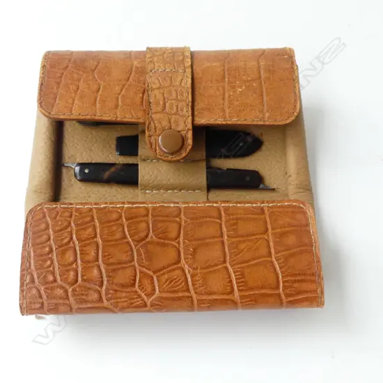 LEATHER CASED MANICURE SET w. TORTISE SHELL IMPLEMENTS