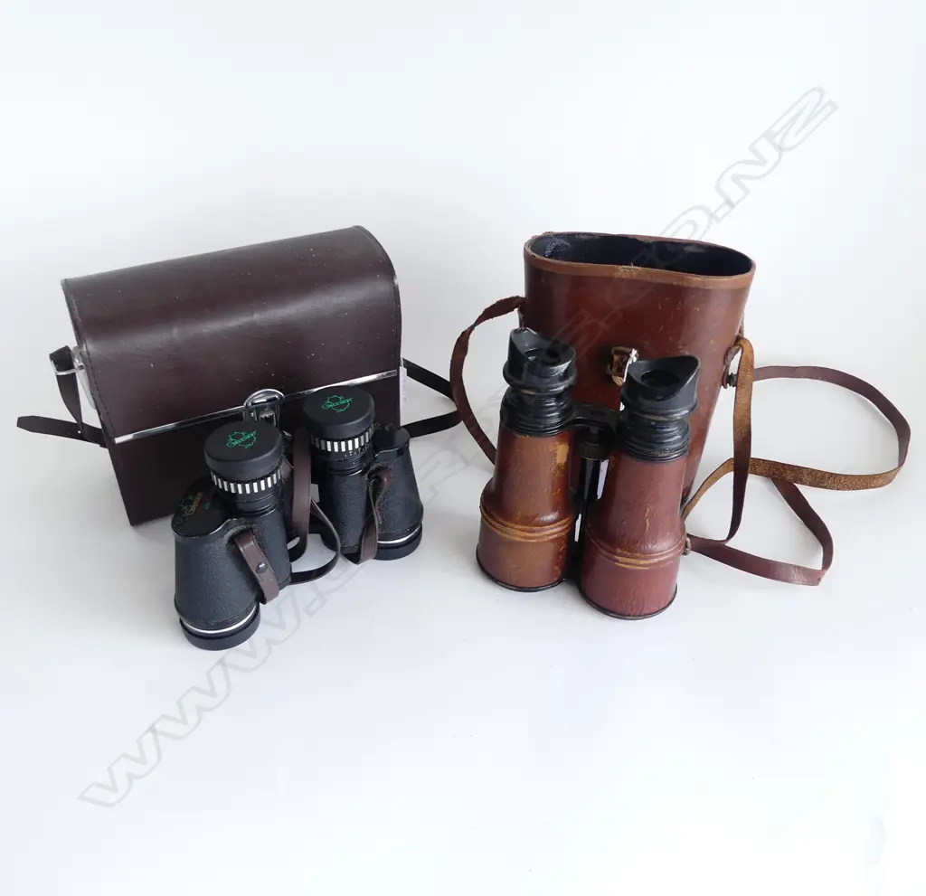 TWO PR GREENKATS  VINTAGE BINOCULARS,  LEATHER CASED STAMPED MADE IN FRANCE Image 1++