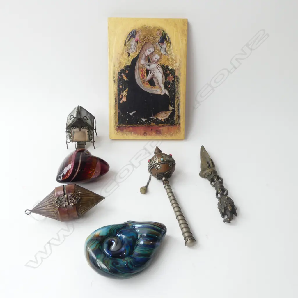 7 PCES; ICON 240x160mm, 2 PCES ART GLASS, PRAYER WHEEL ETC Image 1++