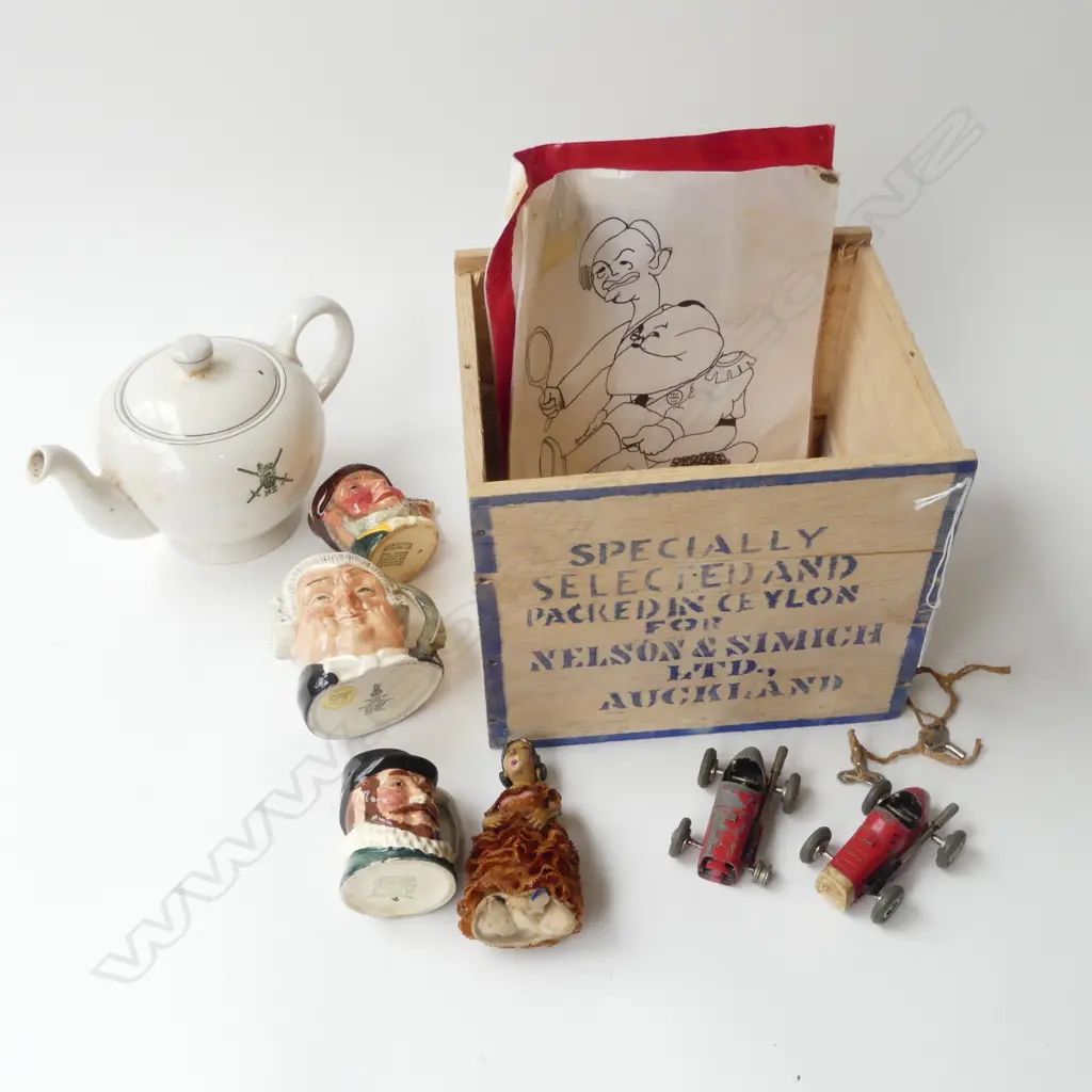 3 CHARACTER JUGS, NZ DEFENCE FORCE TEAPOT, 2 MULDOON CARTOONS ETC Image 1++