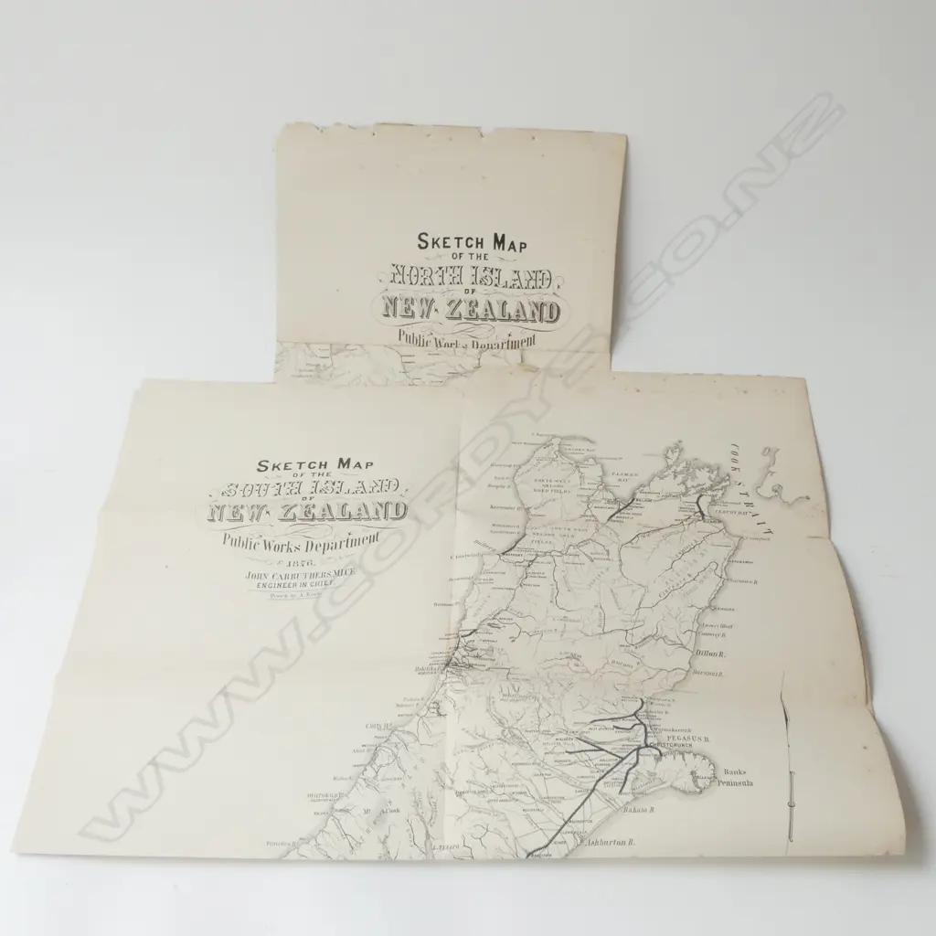 2 PRINTED SKETCH MAPS OF BOTH N. & S. ISLAND NEW ZEALAND by PUBLIC WORKS DEPARTMENT, 1876 Image 1++