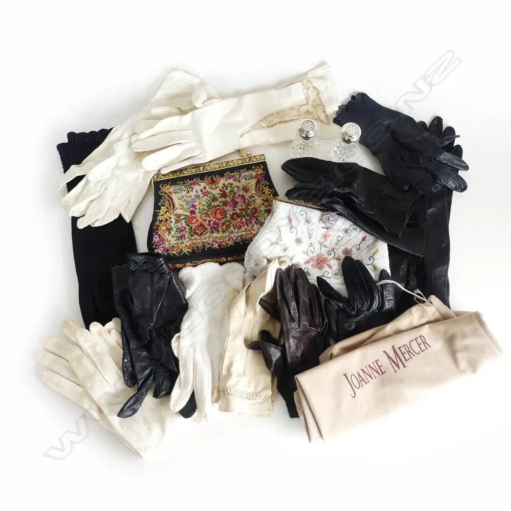 2 VINTAGE EVENING BAGS, ASST. GLOVES, PR STG CAPPED CONDIMENTS Image 1++