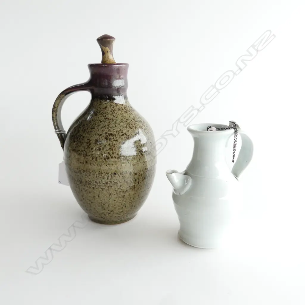 TWO STONEWARE NZ POTTERY EWERS WITH STOPPERS, ONE H. 230mm OTHER WHITE H.130mm BOTH  INITIAL 'JC' Image 1++