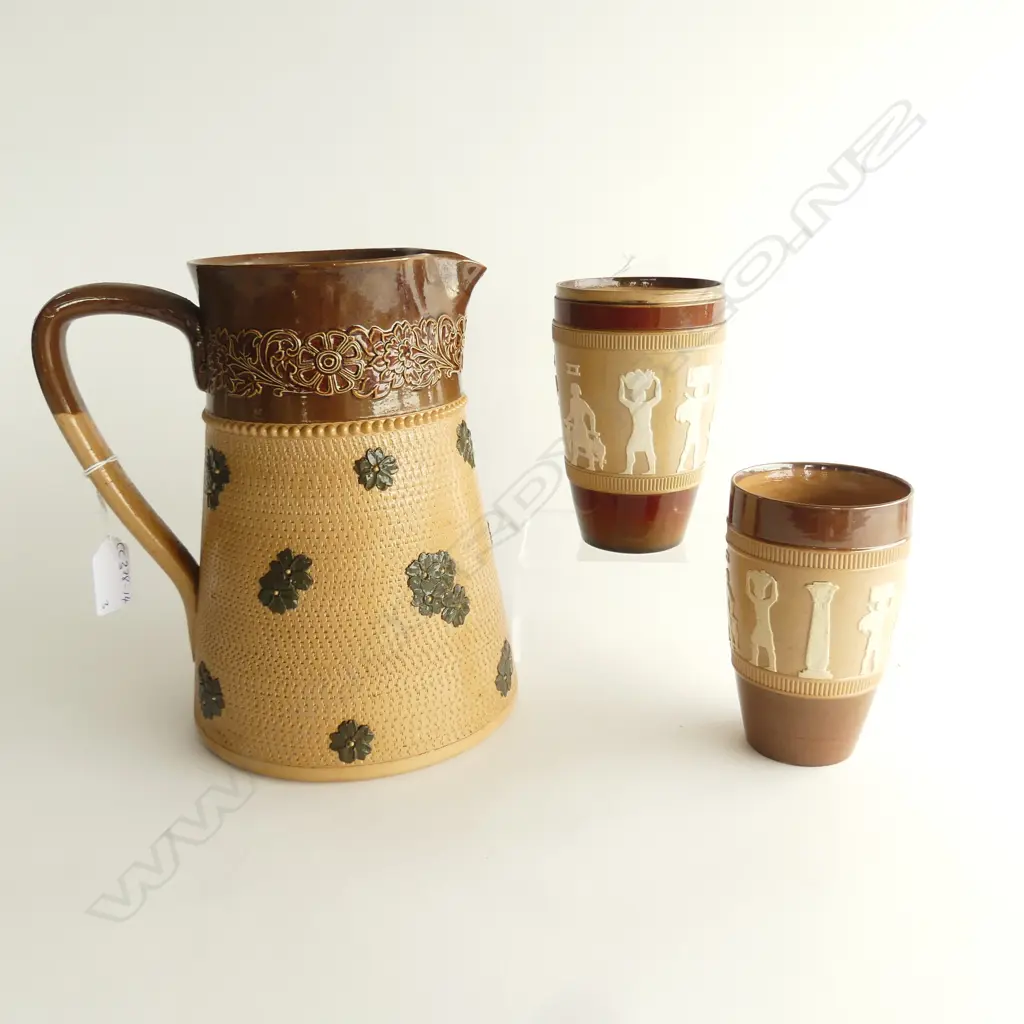 THREE ROYAL DOULTON LAMBETH ITEMS, LGE JUG H.220mm (CHIP TO SPOUT) & TWO EGYPTIAN THEMED JUGS H.145mm ( NO SILVER RIM)  Image 1++
