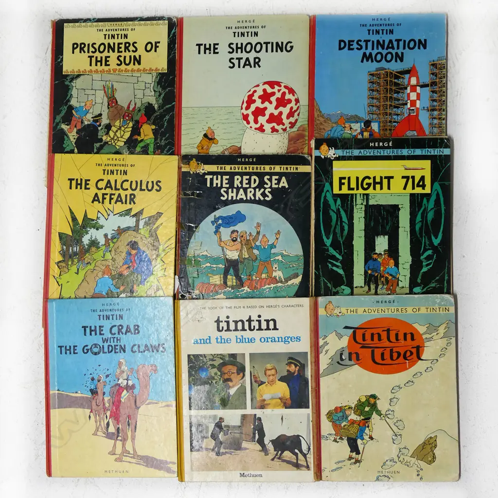 9 VINTAGE TINTIN BOOKS; DESTINATION MOON, FLIGHT 714, etc Image 1++