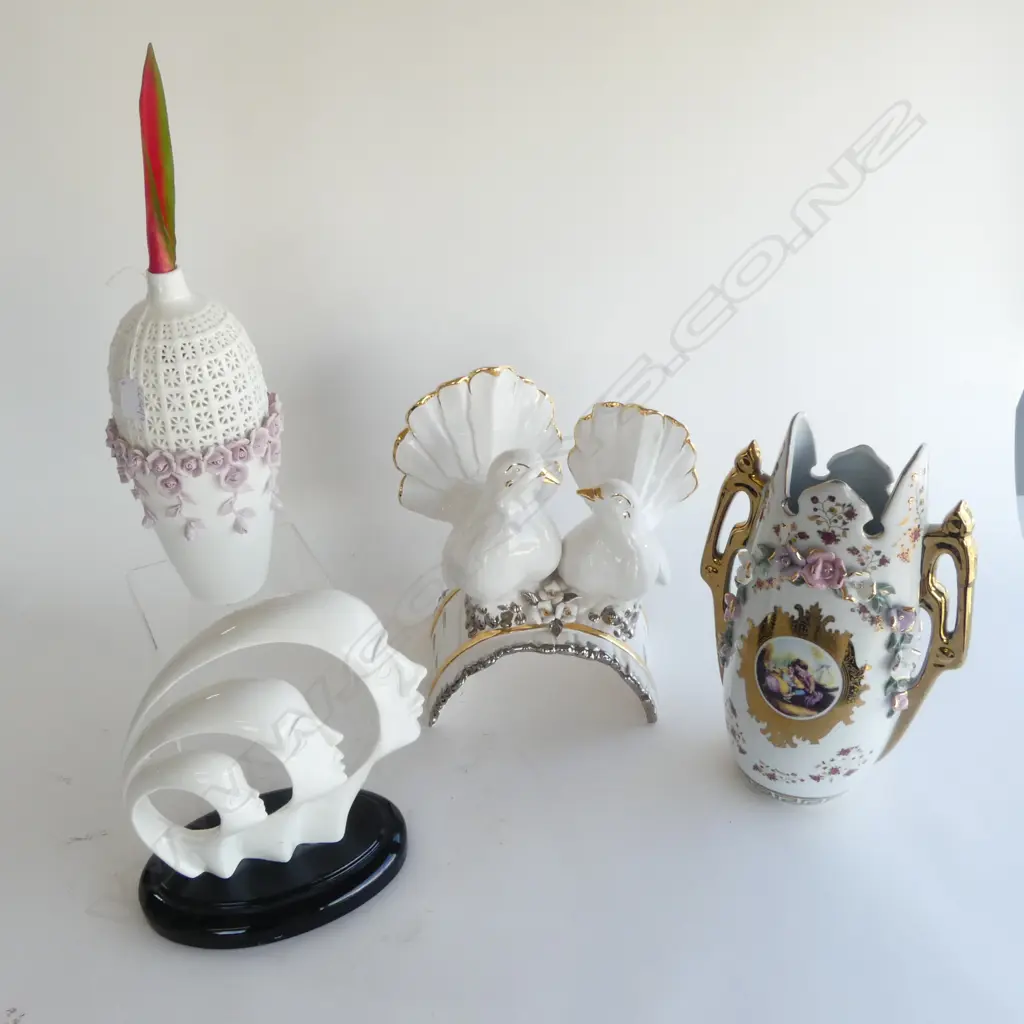 4 LG WHITE CERAMICS; 2 VASES H.350mm, DOVES, FACES SCULPTURE Image 1++