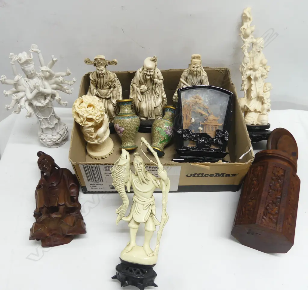 COLLECTION OF 12 CHINESE FIGURES  WOOD CARVINGS VASES ETC 270MM TALLEST Image 1++