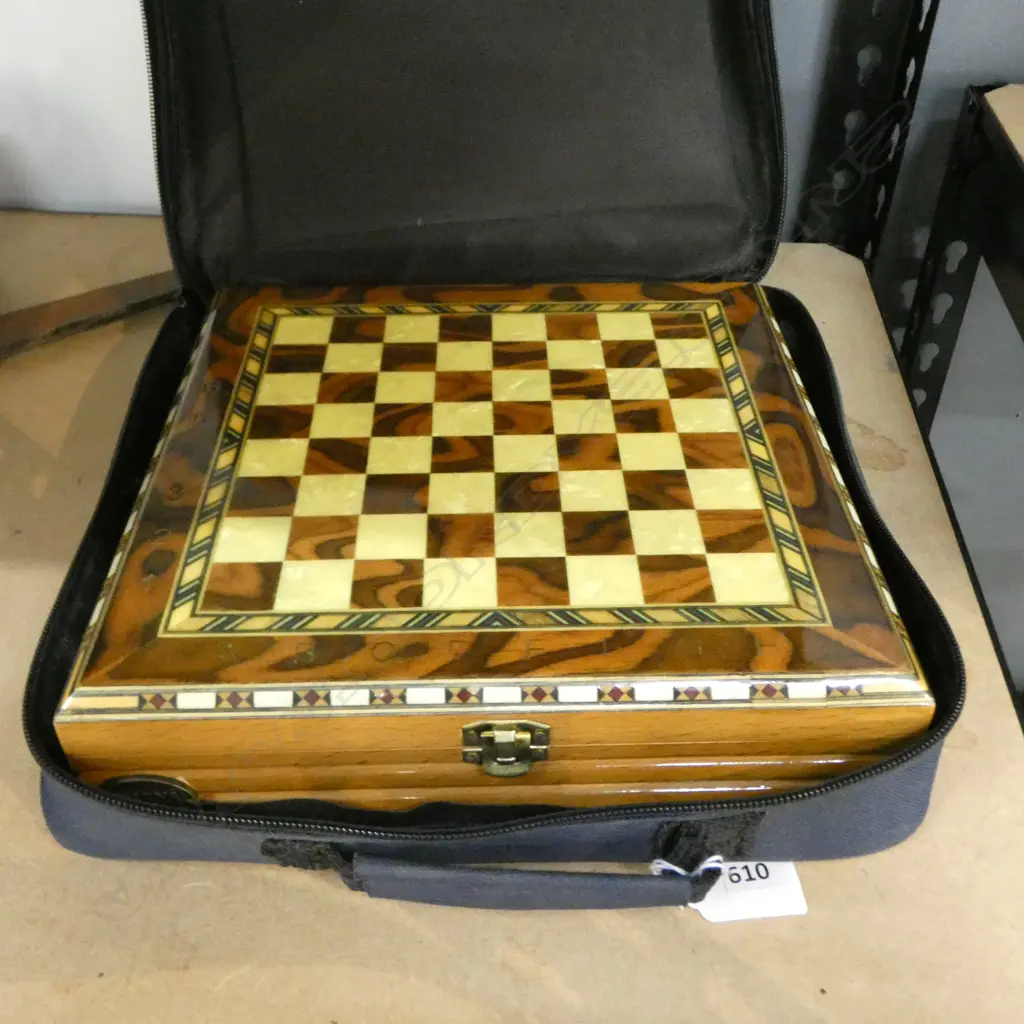 CASED INLAID 'HELENA WOOD ART' PORTABLE CHESS SET & METAL CLASSICAL PCS w.CARRY BAG 235x235mm Image 1++