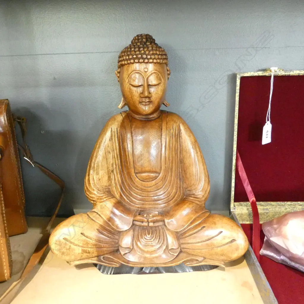 LRG WOODEN BUDDHA H.310mm, CASED AIMUSITE SILK SCARF, KOKESHI DOLL, etc Image 1++