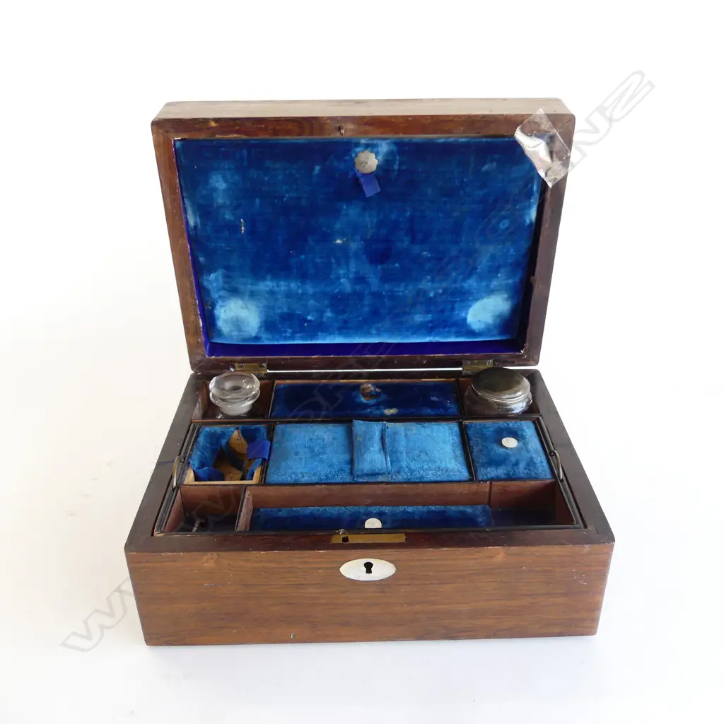 WOODEN VICTORIAN VANITY CASE, w. GLASS PERFUME BOTTLES, LIFT OUT TRAY, W.280mm (INTERNAL DAMAGE) Image 1++