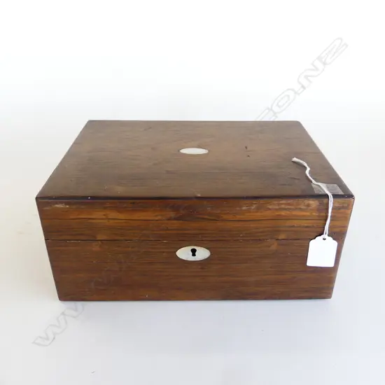 WOODEN VICTORIAN VANITY CASE, w. GLASS PERFUME BOTTLES, LIFT OUT TRAY, W.280mm (INTERNAL DAMAGE)
