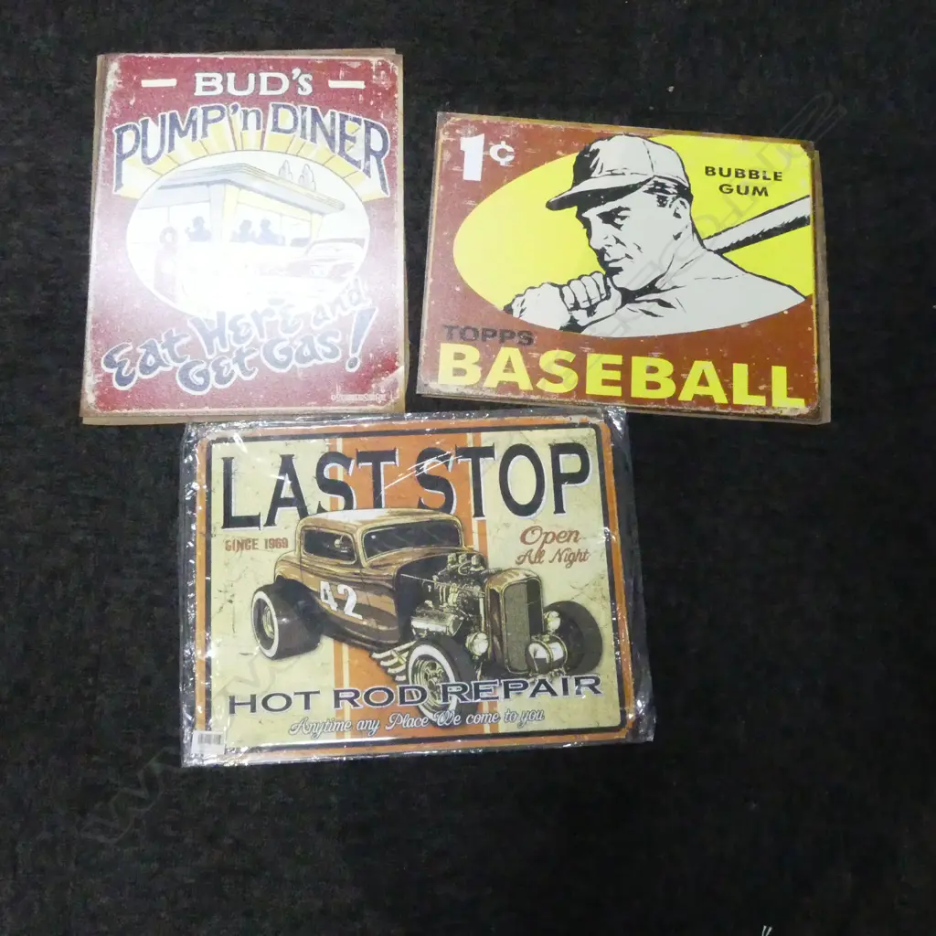 THREE METAL SIGNS; BASEBALL, HOT ROD, DINER, 310x400mm Image 1++
