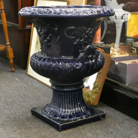 BLUE GLAZED GARDEN URN H. 550mm, 460mm dia