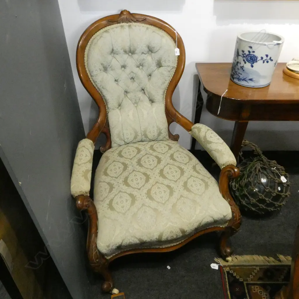 VICTORIAN GRAND FATHER & GRANDMOTHER CHAIR; GREEN UPHOLSTERY Image 1++