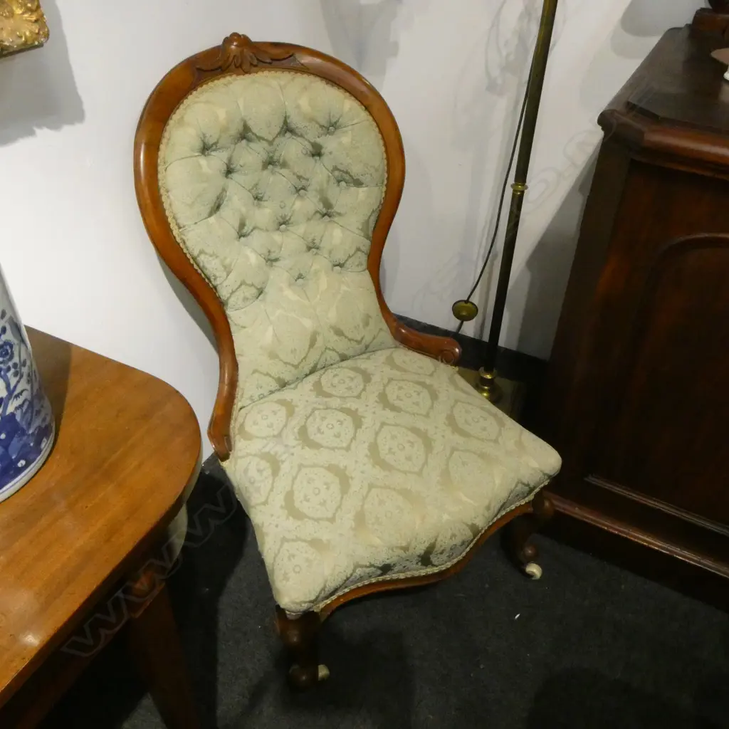 VICTORIAN GRAND FATHER & GRANDMOTHER CHAIR; GREEN UPHOLSTERY Image 1++