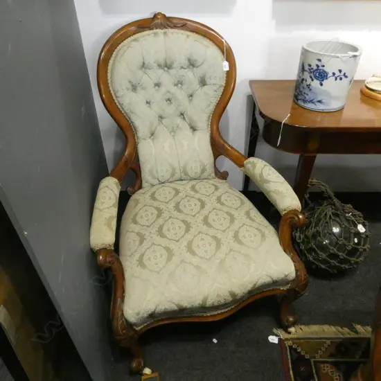 VICTORIAN GRAND FATHER & GRANDMOTHER CHAIR; GREEN UPHOLSTERY